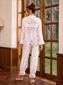 Oxana Conjunto de pijama de mujer diseñador de top de manga larga con encaje de flores blancas y pantalones, para vacaciones, primavera y verano, salir
