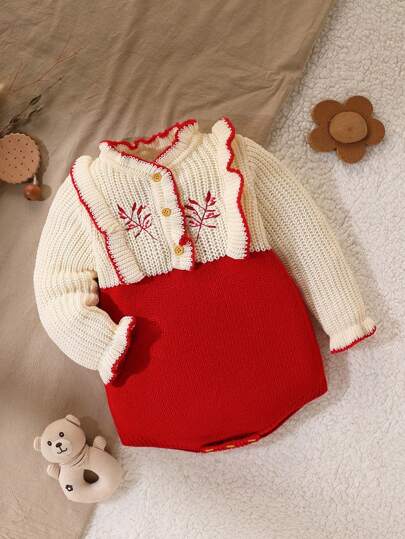 Baby Girl Contrast Color Block Button Front Casual Romper, Daily Wear