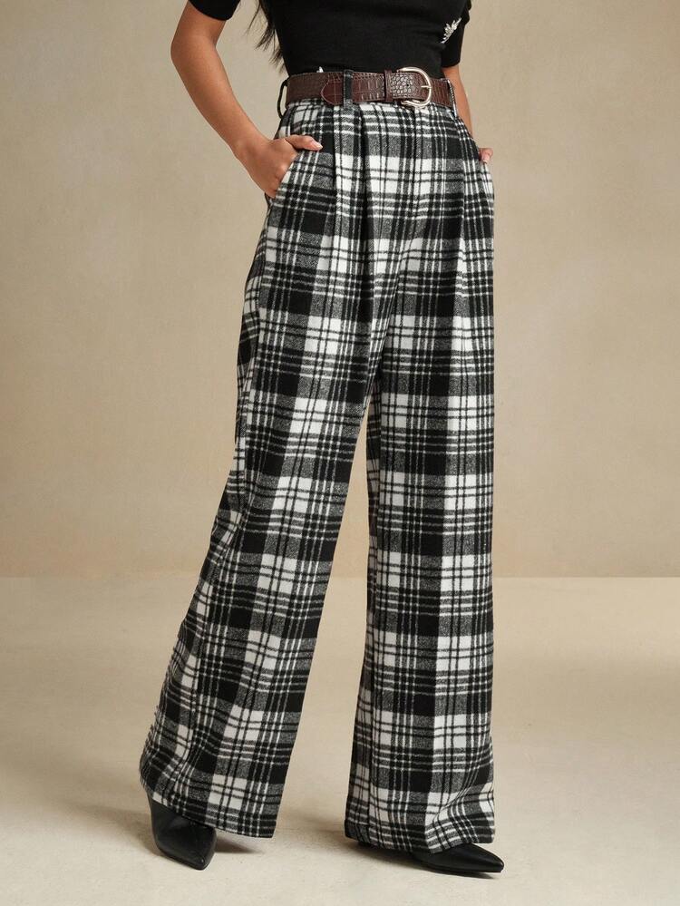 Commuter Vintage Waist Houndstooth Pattern Women Trousers