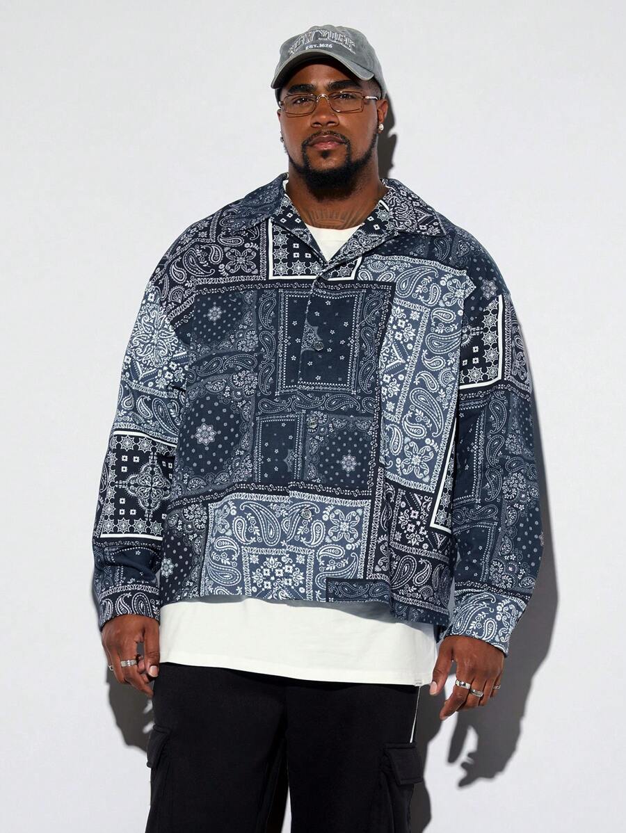 Manfinity VCAY 大码男式宽松宽版佩斯利花卉印花长袖衬衫 - 彩色 - 查看 1