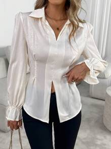 Chiquease 1pc Back Tie Solid Color Split Casual Elegant Long Sleeve Blouse