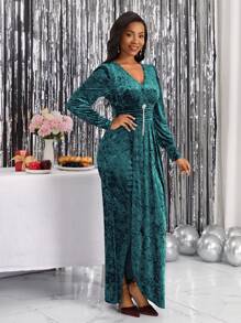 SHEIN Lady Women Fall Elegant V-Neck Ruched Waist Split Hem Dress - Teal Blue - View 5