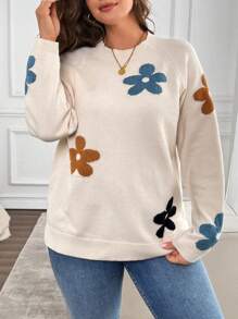 EMERY ROSE Plus Size Floral Jacquard Raglan Sleeve Sweater For Autumn And Winter