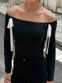 SHEIN Unity 1pc Women Casual Off Shoulder Lace Ribbon Decor T-Shirt, Autumn - Black - View 1