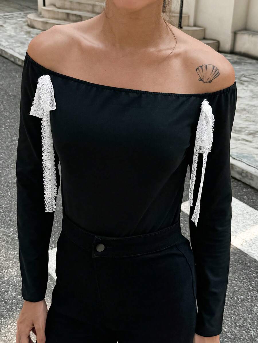 SHEIN Unity 1pc Women Casual Off Shoulder Lace Ribbon Decor T-Shirt, Autumn - Black - View 1