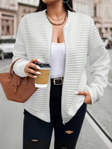 Calvaya 秋季大码纯色纹理拉链夹克 - 白色 - 查看 1