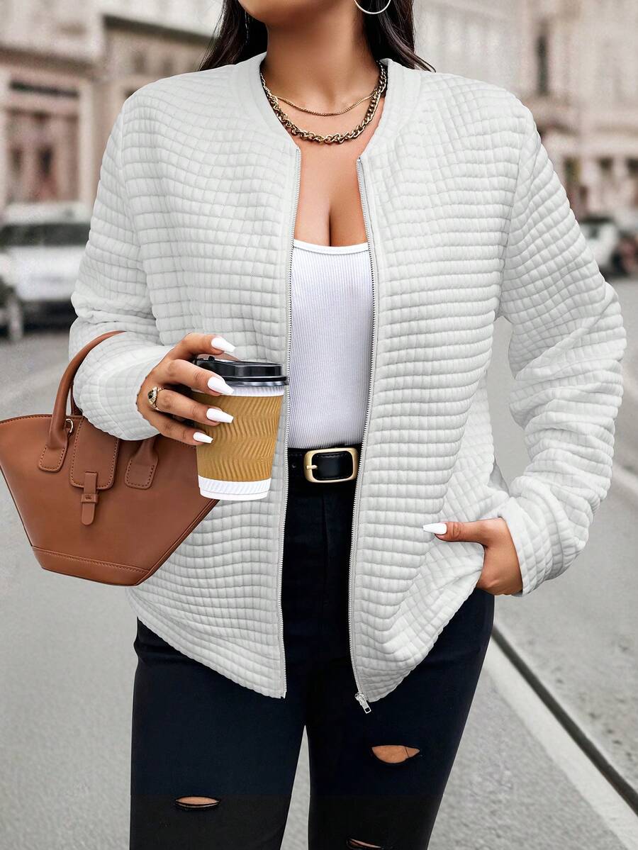 Calvaya 秋季大码纯色纹理拉链夹克 - 白色 - 查看 1