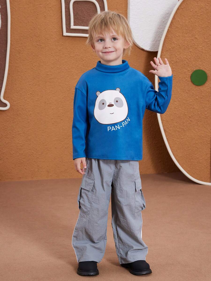 We Bare Bears X SHEIN Young Boy Cartoon White Bear & Letter Print Blue Casual Turtleneck Long Sleeve T-Shirt - Blue - View 1