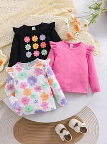 SHEIN 3pcs/Set Baby Girl Cute Versatile Knitted Floral Pattern Ruffle Long Sleeve Tops - Multicolor - View 9