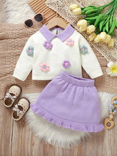 SHEIN Vintaside Kids 女婴甜美彼得潘领毛衣套装，长袖上衣搭配精美 3D 花卉装饰和纯色百褶裙，时尚可爱，春秋冬必备