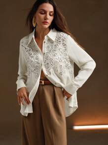 Anewsta 休闲米色蕾丝花立领长袖珍珠缀饰拼接衬衫女式衬衫 - 白色 - 查看 3