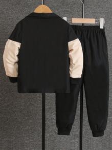 Áo khoác dài tay cài nút phía trước màu tương phản cho bé trai và quần cạp chun thường ngày - Nhiều màu - Xem 2