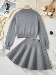 SHEIN Tween Girl 休闲串珠宽松高领毛衣和优雅荷叶边下摆中裙套装，花卉灰色 - 深灰色 - 查看 2