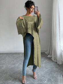 Selianne Áo sơ mi bóng dáng rộng rãi, không đối xứng tay 3/4, thích hợp cho mùa xuân và mùa thu - xanh quân đội - Xem 5