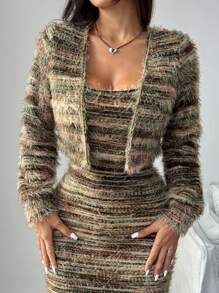 RosyDaze 复古秋冬短款毛呢原创设计混色针织高弹力休闲聚会居家开衫长袖外套性感仅外套不含连衣裙