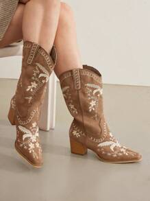 MOTF PREMIUM WOMEN'S FASHION CHUNKY HEEL EMBROIDERED ANKLE BOOTS - Brown - View 5