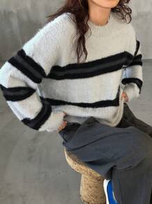 FRIFUL Women Striped Colorblock Gradient Loose Knit Sweater,Fall Women Clothes - Grey - View 8