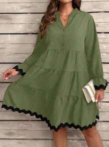 大码纯色拼布前扣长袖收腰休闲短款连衣裙