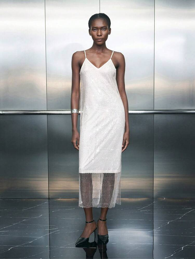 SHEIN Maija Women's Sequin Mesh Hem Luxurious Inner Slip White Midi Dress For Party, Autumn/Winter