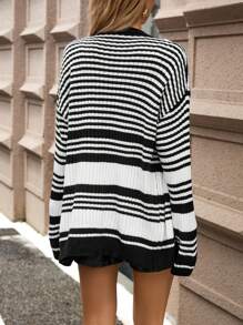 SHEIN Clasi Áo len cardigan dệt kim dài tay in họa tiết sọc khối màu phía trước cổ chữ V đơn giản - Nhiều màu - Xem 2
