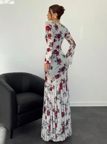 Aloruh Vestido casual de manga larga con estampado completo de rosas