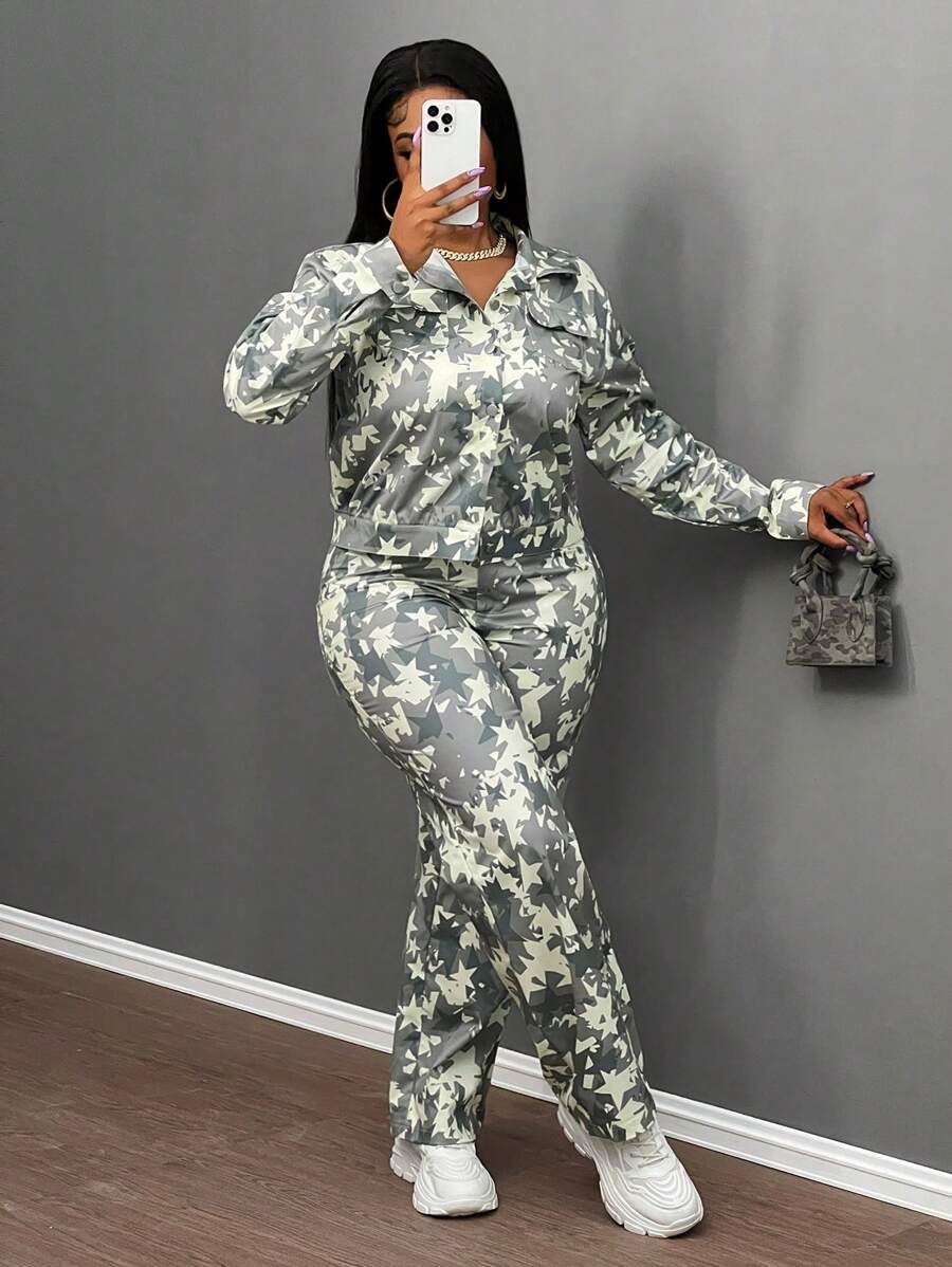 Slaydiva Casual Street Style 2 Pieces Set - Long Sleeve Multi-Pocket Jacket Top And Loose Wide-Leg Pants, Women Camouflage Utility Suit, Autumn/Winter - Multicolor - View 1