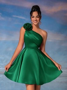 SHEIN Belle Elegant Luxurious 3D Floral Asymmetric Ruffle Hem Prom Dress, Semi Formal Dress, For Birthday, Wedding Guest, Graduation Homecoming, Party Dress - Green - View 6