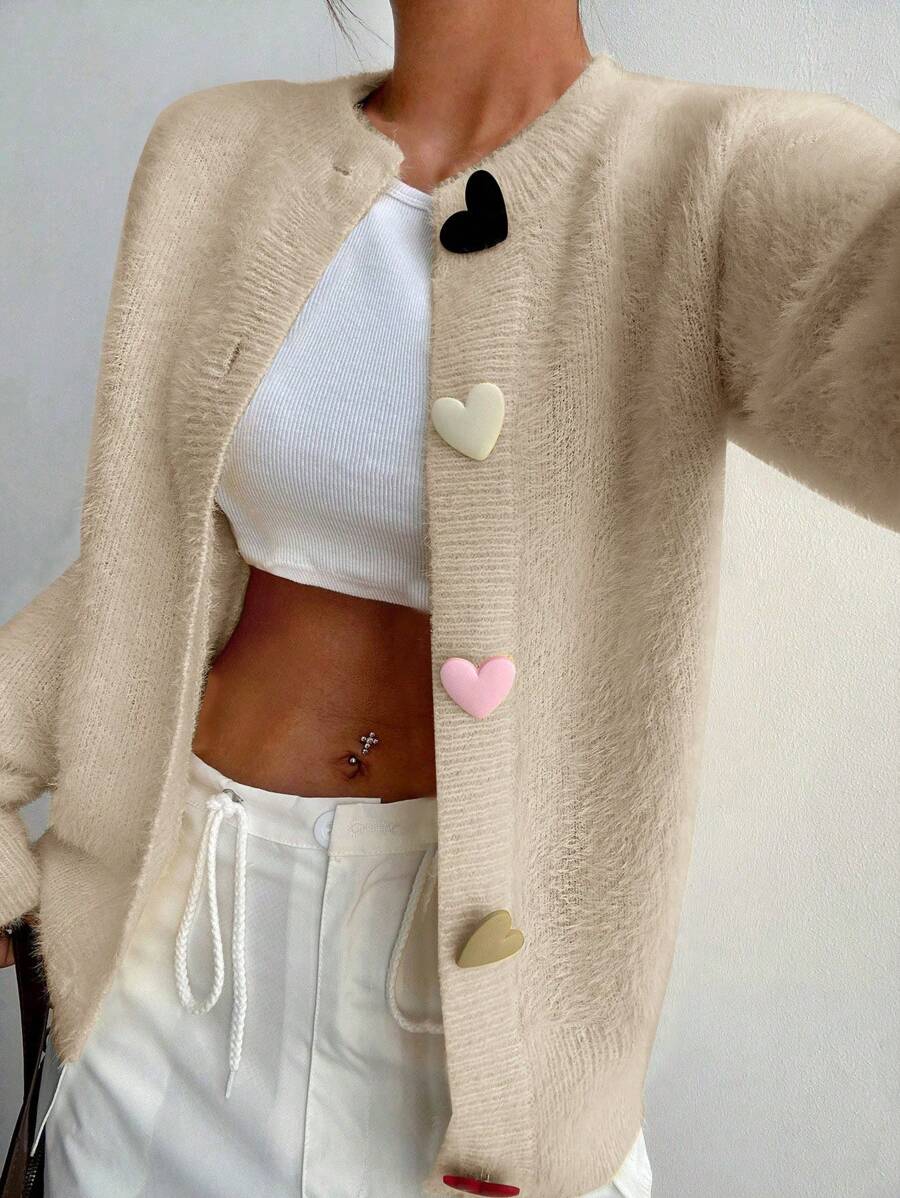 Flirla Women Casual Colorful Heart Buttons Front Cardigan, Suitable For Autumn And Winter Fall Cloth For Women - Apricot - View 1