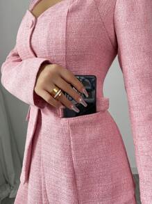 Chiquease Women V-Neck Pink Fitted Blazer + Pleated Skirt Suit Set, Autumn - Pink - View 7