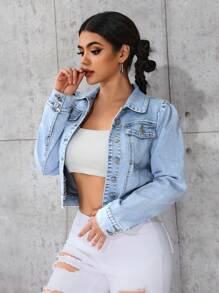 SHEIN PETITE Light Blue Distressed Puff Sleeve Fitted Short Denim Jacket - Light Wash - View 5