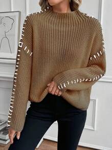 SHEIN Unity Autumn/Winter New High Neck Loose Casual Long Sleeve Sweater With Design Elements