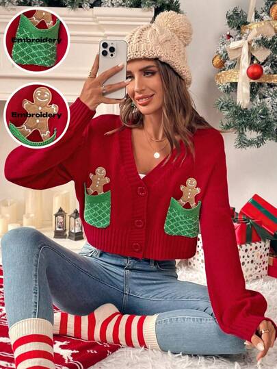 Chiquease 姜饼人印花 V 领前纽扣长袖开衫带口袋圣诞节新年衣服，长袖上衣