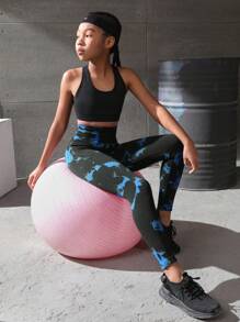 SHEIN Quần legging thể thao nhuộm loang không đường may cho bé gái tuổi mới lớn, phù hợp cho các hoạt động thể thao ngoài trời, thể dục, yoga và aerobic - Nhiều màu - Xem 5