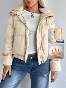 SHEIN EZwear Áo khoác thường ngày dài tay có khóa kéo màu trơn - Màu be - Xem 1