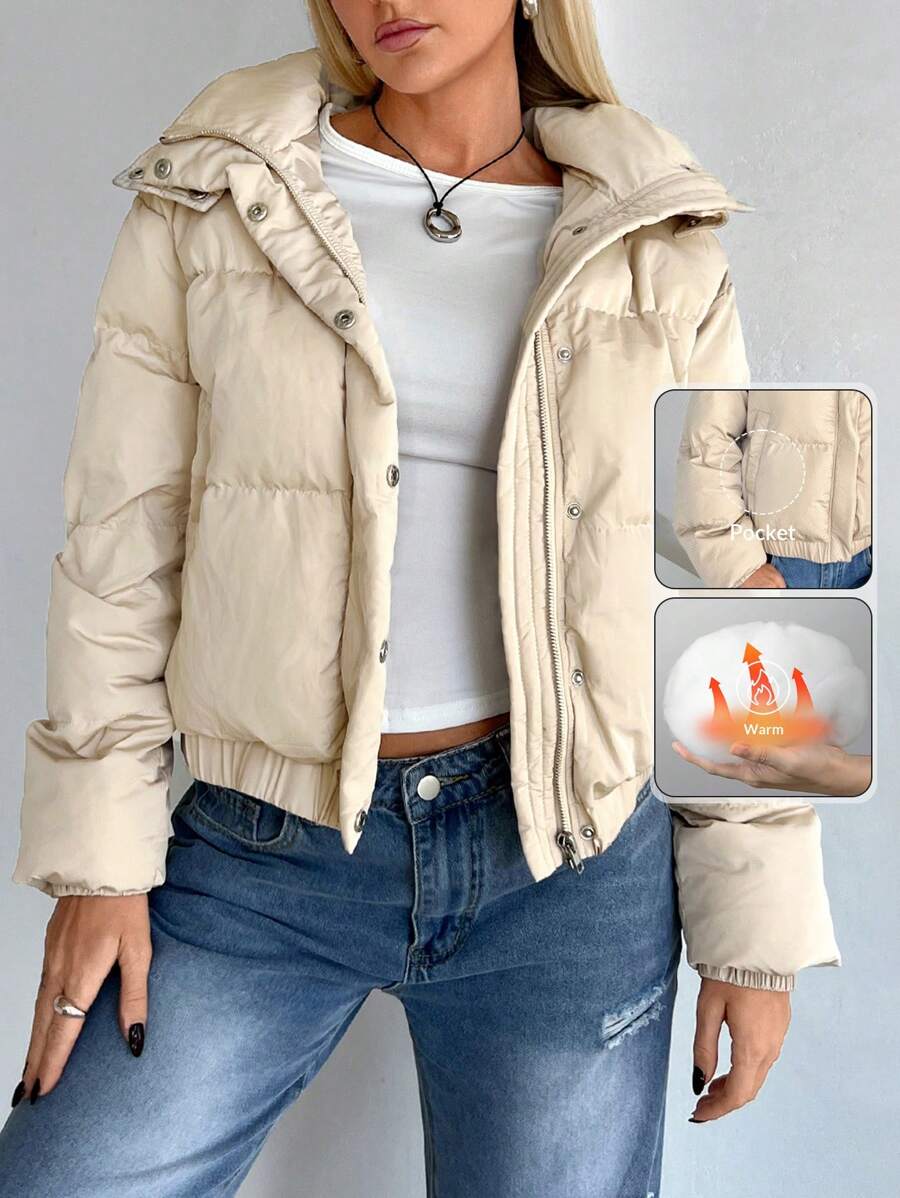 SHEIN EZwear Áo khoác thường ngày dài tay có khóa kéo màu trơn - Màu be - Xem 1