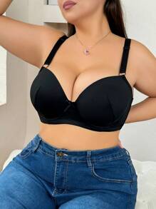 1pc Plus Size Women Wire-Supported Brassiere - Black - View 3