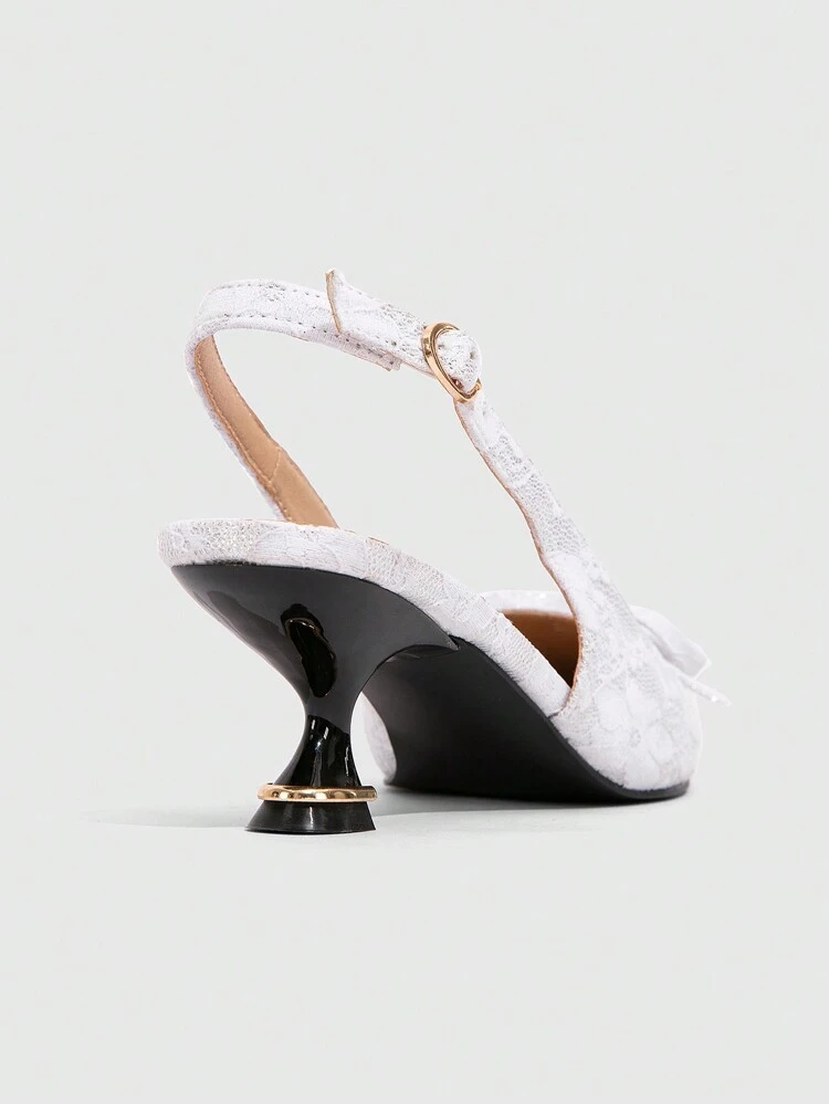 CUCCOO CHICEST 尖った先端レース リボン金属縁ロマンチック エレガントパンプス、白い花柄 ローヒール ミドルヒール スティレットハイヒール、デート、パーティー、アフタヌーンティーに