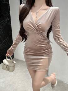 DAZY Váy ngắn nữ, Đầm dự tiệc trở lại trường thanh lịch, Đầm thu tay dài - Màu be - Xem 3