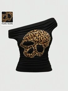 ROMWE Grunge Punk 大码 Y2K Gyaru 不对称领口性感收腰豹纹印花和骷髅刺绣图案夏季 T 恤 - 黑色 - 查看 1