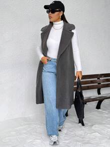 SHEIN Essnce 大码女士羊毛夹克、长款夹克、秋冬大衣、秋装冬季女装、长款女式大衣、冬季女式夹克、秋季女装 - 深灰色 - 查看 4