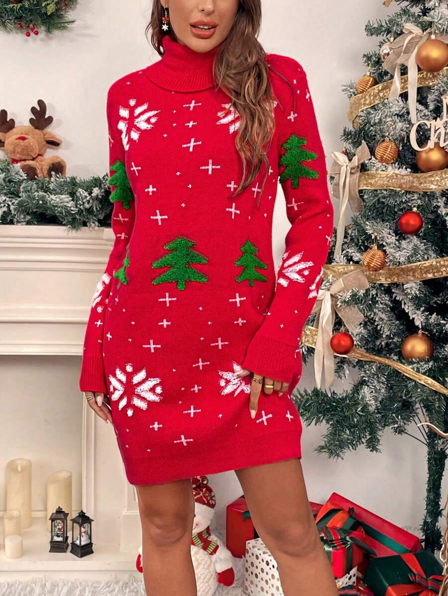 Chiquease Váy Giáng sinh cổ lọ dài tay in hình cây thông Noel và bông tuyết cho nữ - Đỏ - Xem 1