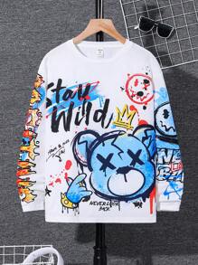 Camiseta de manga larga informal con estilo urbano para niño preadolescente, con diseño gráfico de oso y letras graffiti, adecuada para trayectos, escuela, uso diario casual, deportes, otoño e invierno