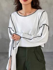 FRIFUL 女士拼色装饰圆领长袖简约 T 恤，休闲日常穿着 - 白色 - 查看 1