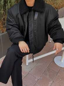 DAZY 男式纯色前拉链长袖毛绒拼接休闲夹克秋冬