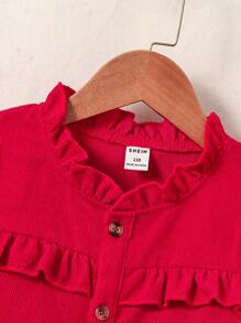 SHEIN Elladie kids Young Girl Plain Front Button Long Sleeve Pleated Minimalist Casual Shirt - Red - View 3