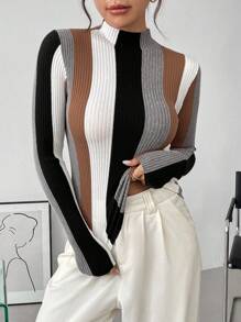 SHEIN Clasi 女士圆领优雅法式派对节圣诞聚会亮片拼接流苏闪亮秋冬保暖毛衣商务休闲女士、工作服、秋季婚礼宾客礼服、长袖上衣 - 彩色 - 查看 3