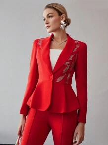 MOTF PREMIUM PEAK COLLAR RHINESTONE DETAIL RUFFLE HEM PARTY BLAZER - Red - View 7