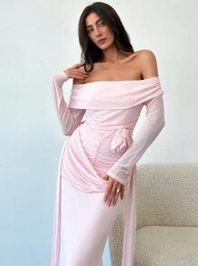 Aloruh 女士露肩荷叶边腰带花卉贴花连衣裙，优雅