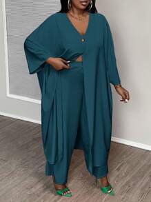 Slaydiva 度假休闲系列大码女式纯色开衫和裤子两件套宽松套装，夏季 - 藍色 - 查看 3