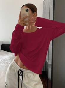 DAZY Women Solid Color Crew Neck Casual Long Sleeve T-Shirt,Fall Clothes - Burgundy - View 6